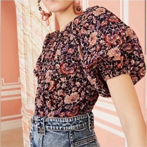 Ulla Johnson Top Womens 2 Evie Blouse Midnight Floral Puff Sleeve V-Neck - Picture 2 of 12